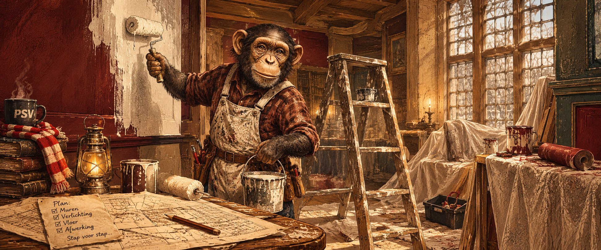 Chimpansee in schildersoverall verft de muren van zijn oude bibliotheek, met een PSV-mok en een bouwplan op tafel