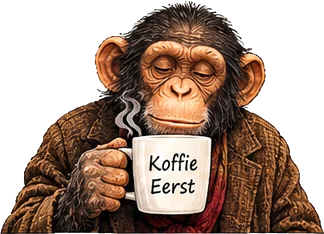 Aap van Heraz.nl met een mok Koffie eerst