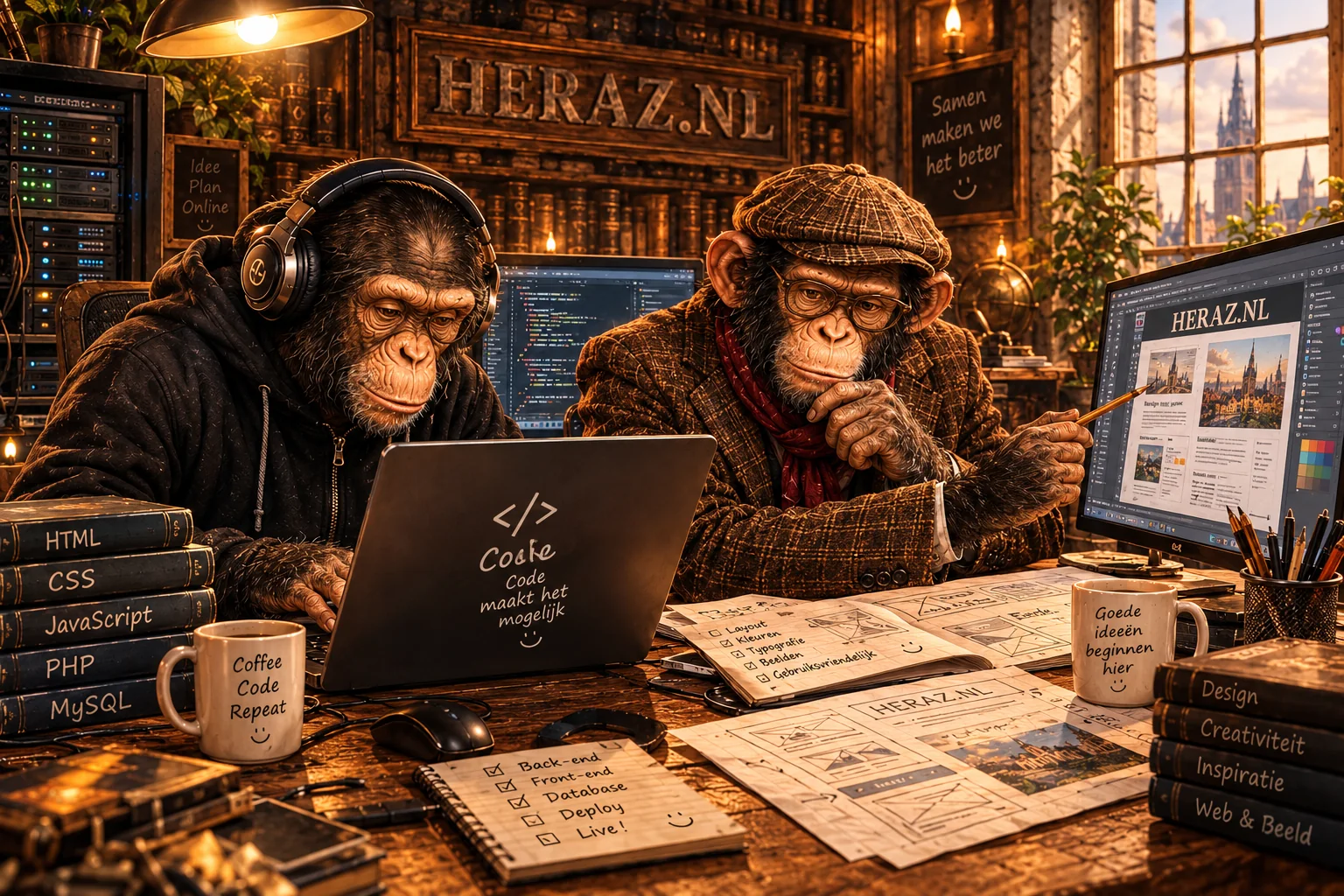Codie met koptelefoon achter de laptop en Co met ruitjespet bij het scherm, samen aan het werk in de Heraz.nl-studio