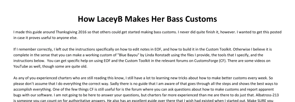 First page of the guide How LaceyB Makes Her Bass Customs from 2016