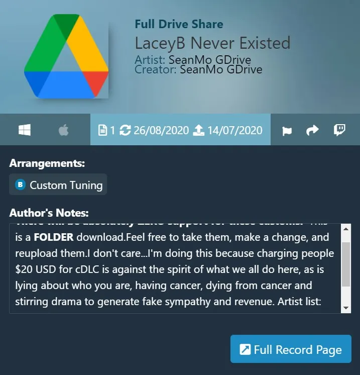 CustomsForge record titled LaceyB Never Existed with SeanMo GDrive as artist